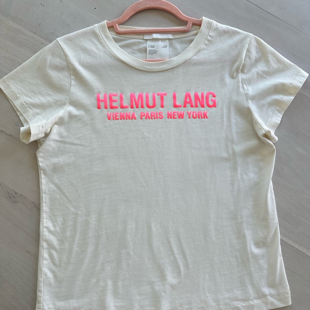 Helmut Lang Off-White Tee with Neon Pink Text